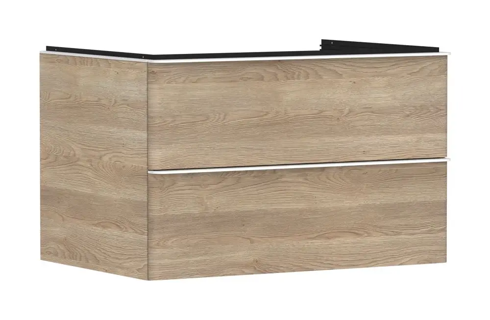 Waschtischunterschrank von Hansgrohe in hellbraunem Holzdesign mit zwei Schubkästen, geeignet für einen Aufsatzwaschtisch.